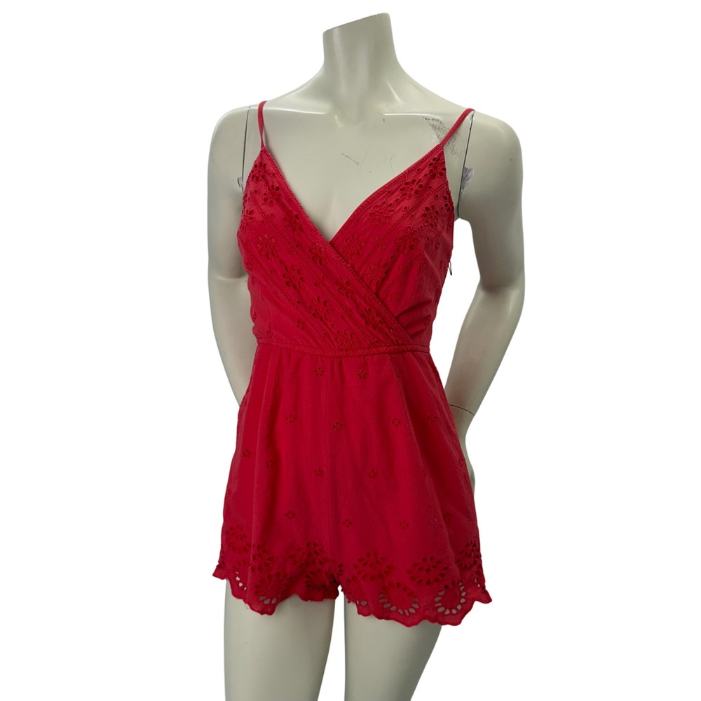 Coral Red Eyelet Embroidered Cotton Romper Smocked Back Boho Festival Country